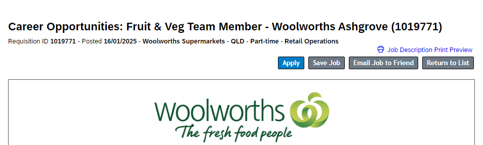 Job Vacancy at Woolworths Supermarket